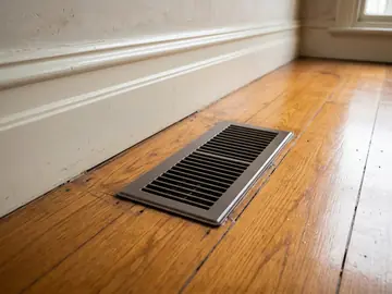 Ducted gas heating floor vent in polished oak floorboards